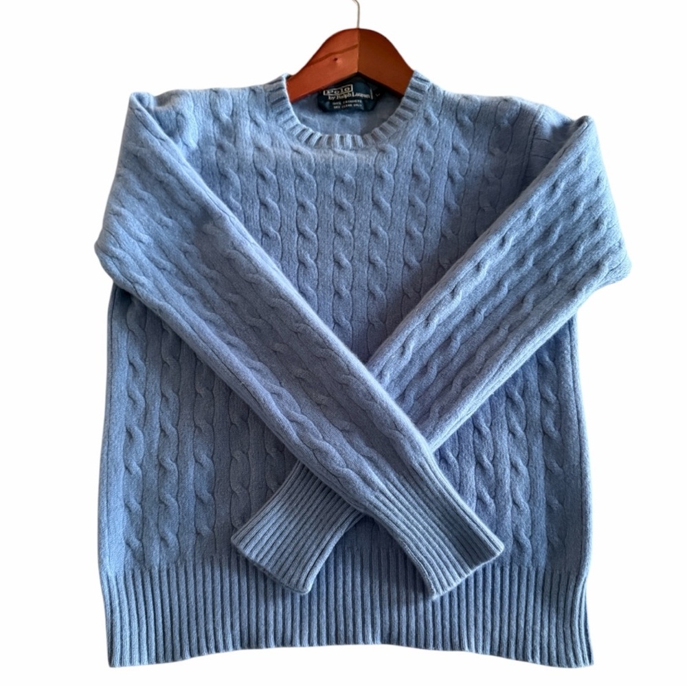 Polo Ralph Lauren 100% Cashmere EUC Cable Knit Sweater Litchfield Blue Size L - Picture 11 of 15